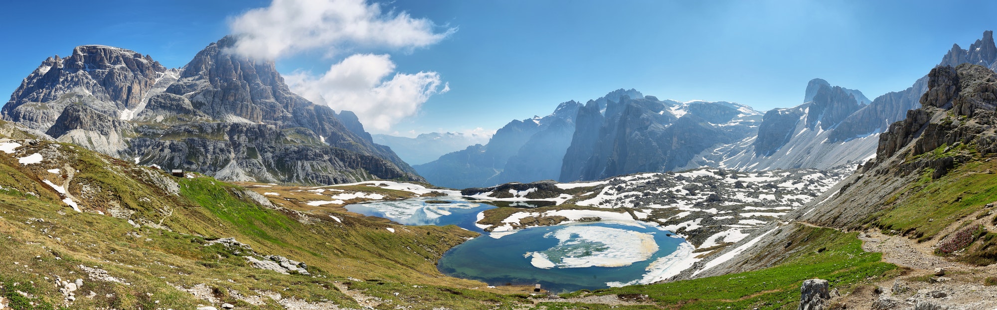 Laghi dei Piani, mountain lakes near refuge Locatelli and Val Fiscalina, Southern Tyrol.